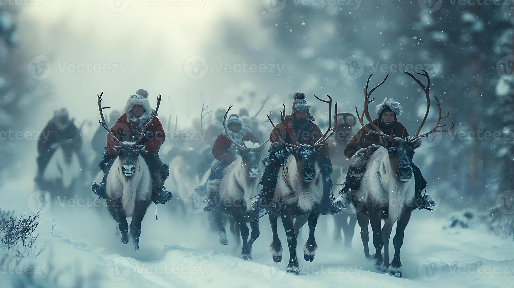 Experiment long exposure photography capture a Sami reindeer herding tribe in Scandinavia during a winter hunting expedition showcasing the ethereal blur of snowflakes and the hunters' swift movements photo