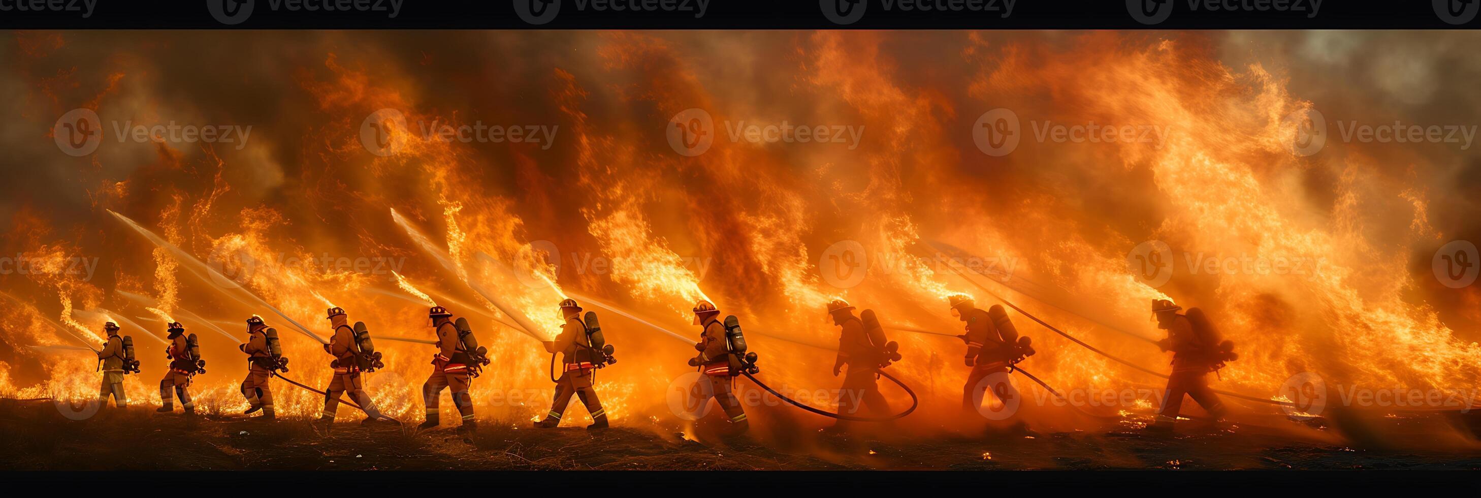 Captivating long exposure image of a group of firefighters battling a blaze with flames and movements frozen in time photo