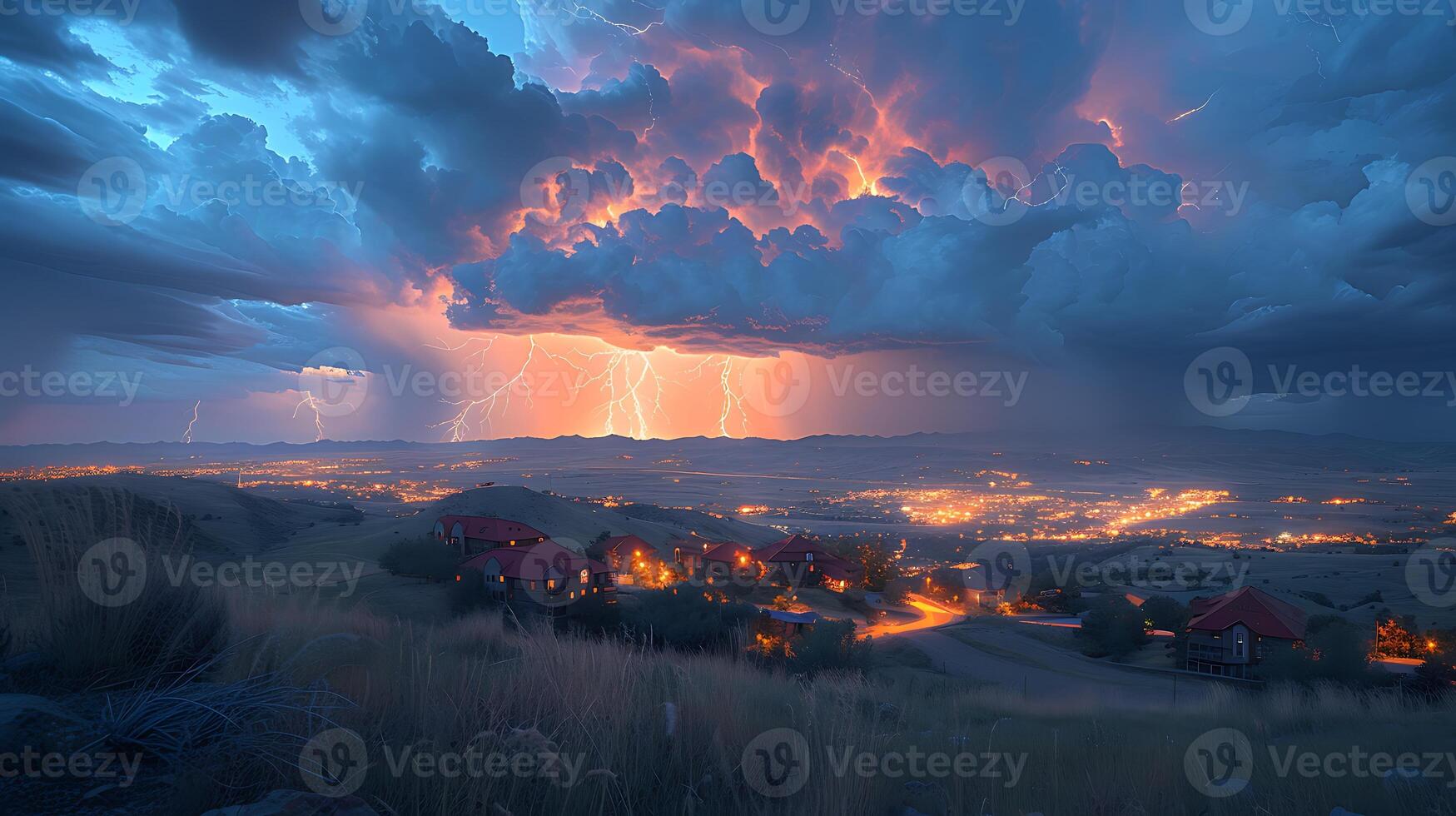 Dramatic long exposure image of a thunderstorm brewing over a city skyline with bolts of lightning illuminating the clouds photo
