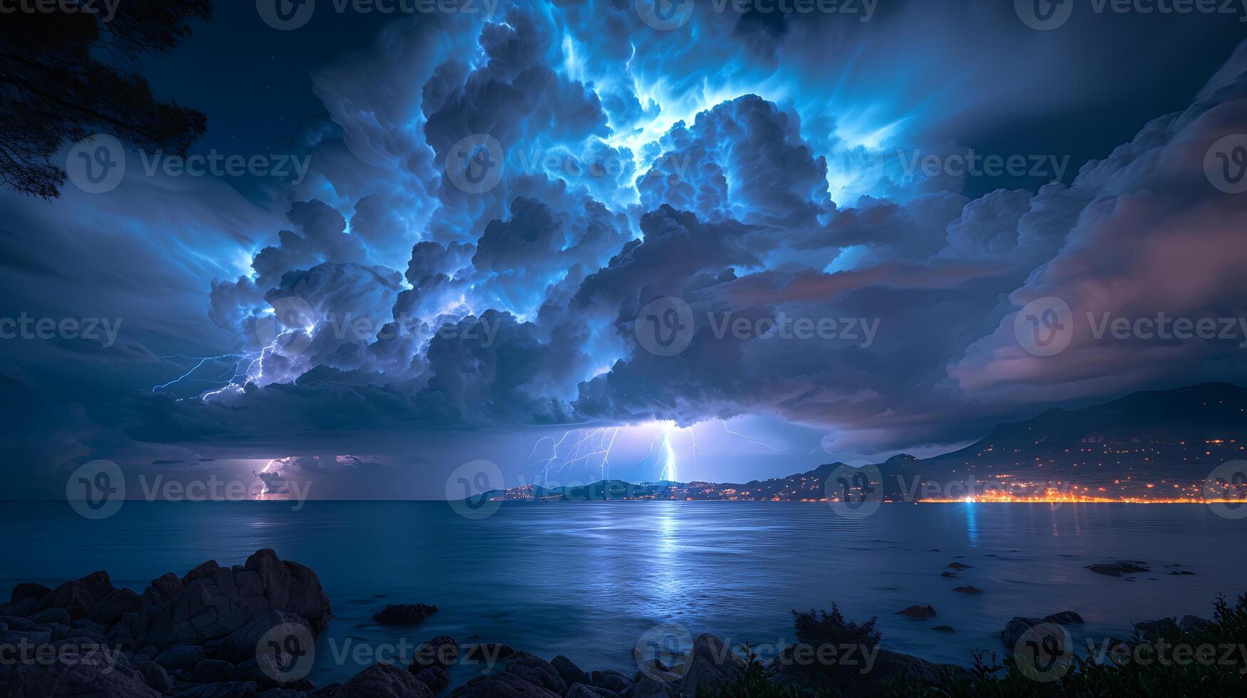 Dramatic long exposure image of storm clouds moving across the sky with streaks of lightning illuminating the scene photo