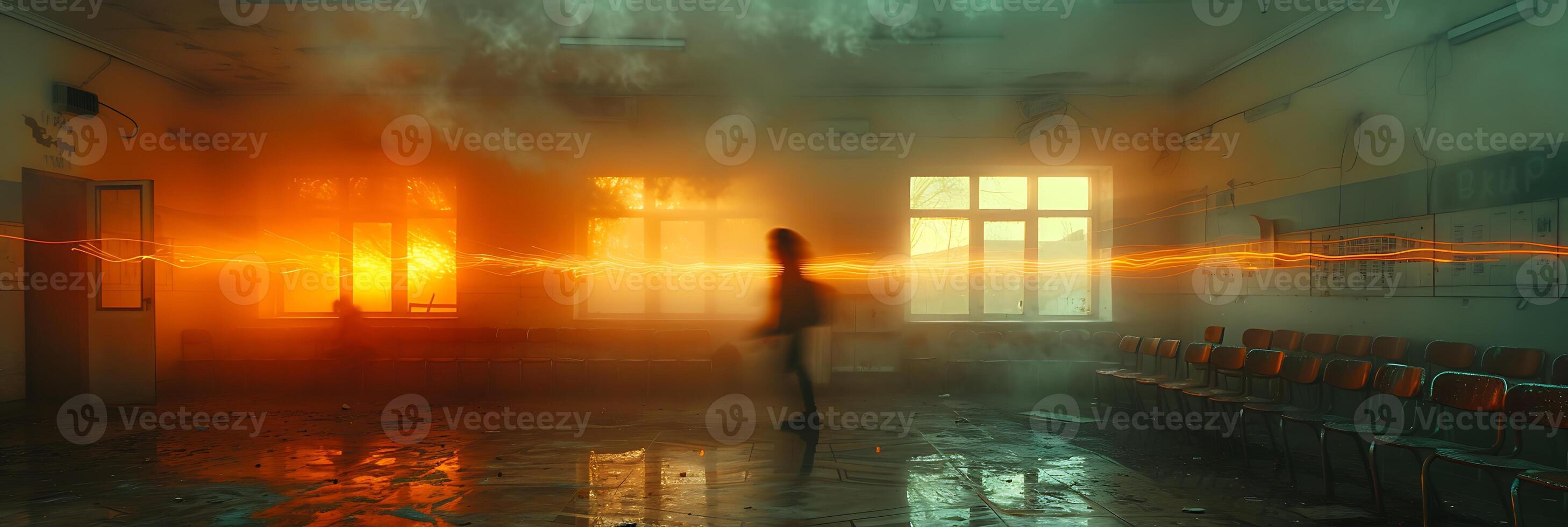 Dreamy long exposure image of a teacher in a classroom with students' movements and interactions captured as streaks of light photo
