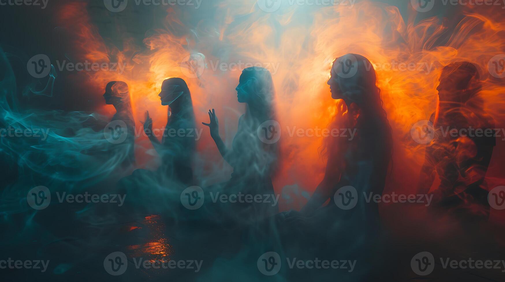 Dreamy long exposure image of a team of therapists conducting a group session with gestures and expressions frozen in time photo