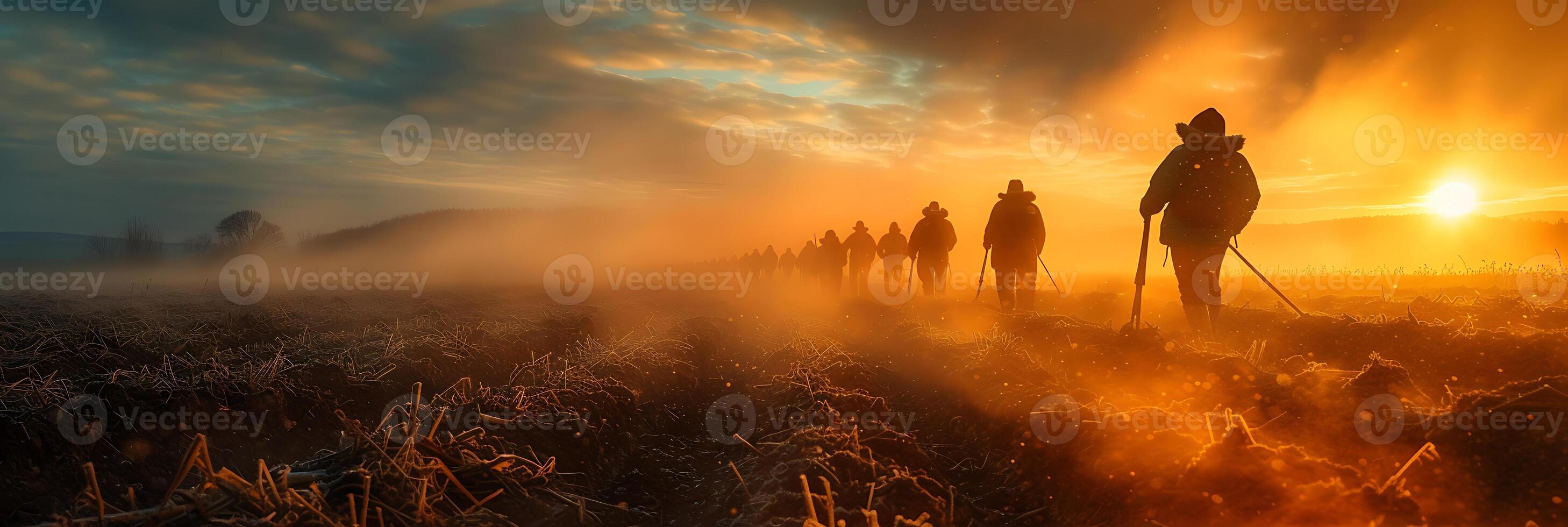 Dreamy long exposure image of a group of farmers working in a field at sunrise with tools and gestures frozen in time photo