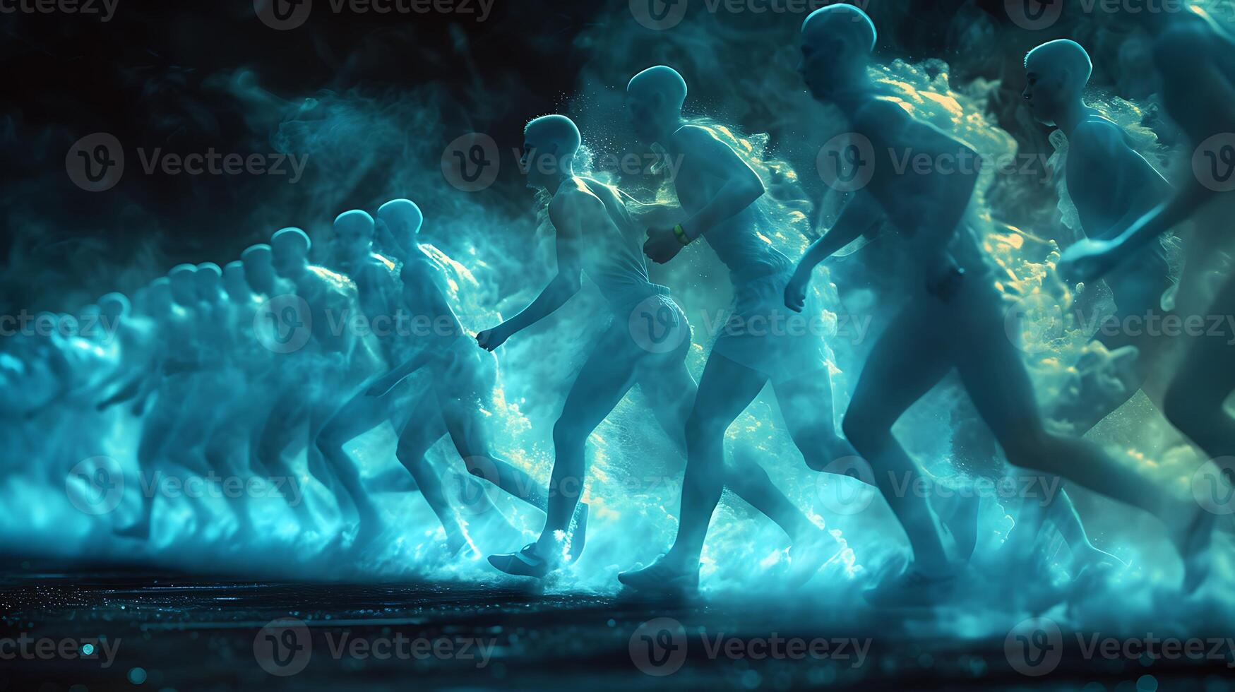 Dynamic long exposure image of a team of athletes training together with movements and equipment frozen in time photo