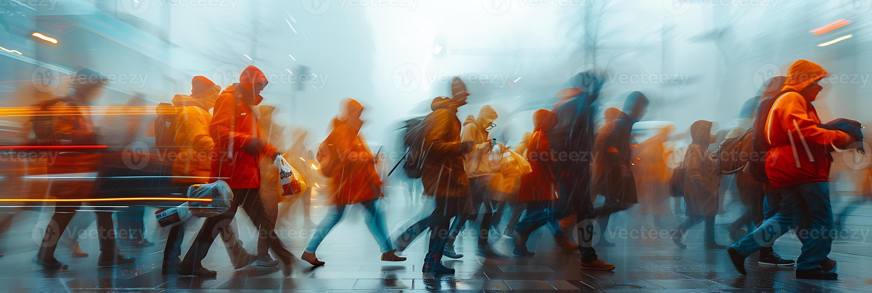 Dynamic long exposure image of a team of disaster relief workers providing aid in a crisis zone with movements and supplies frozen in time photo