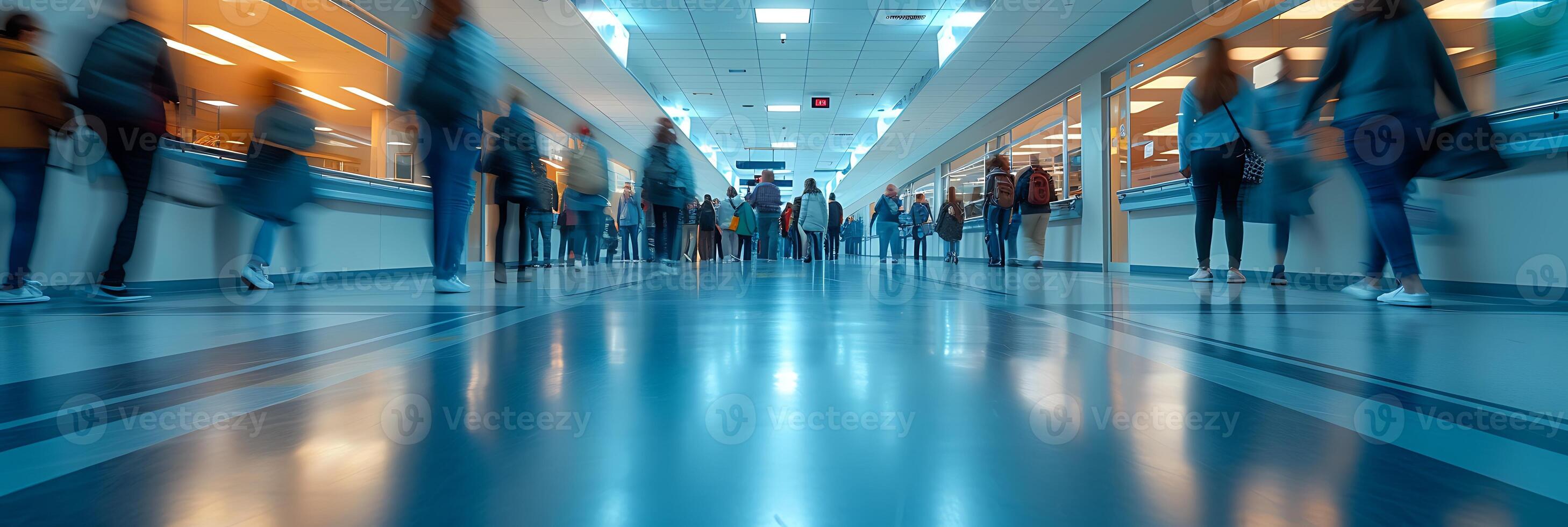 Dynamic long exposure image of a busy hospital corridor with doctors and nurses rushing by attending to patients photo