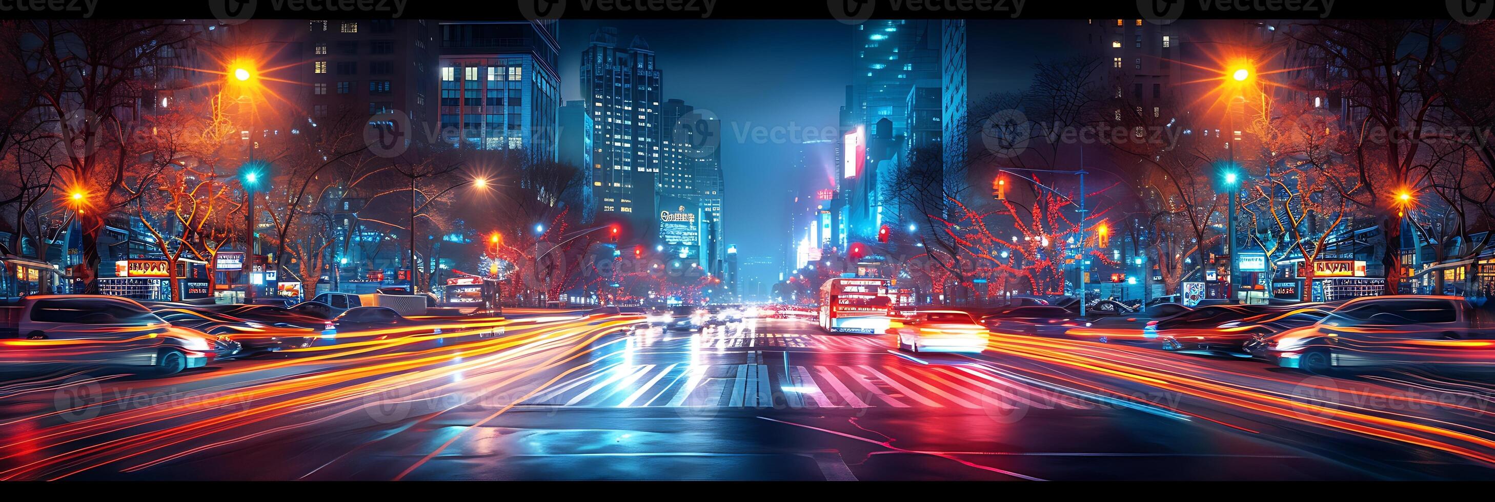 Dynamic long exposure image of a busy intersection at night with streaks of light from passing cars photo