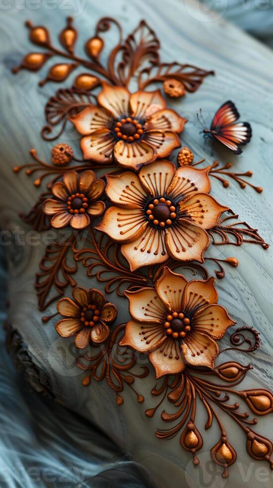 Floral leaf and butterfly motif mehendi design symbolizing nature showcased on white paper for clear printing photo