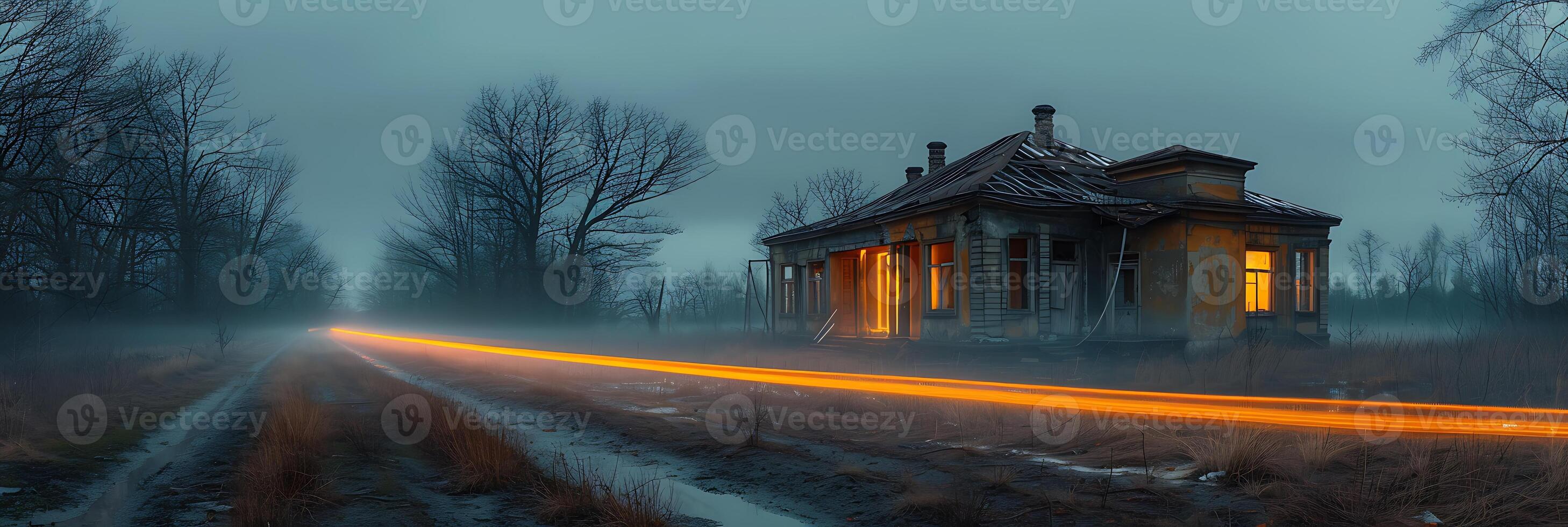 Haunting long exposure image of an abandoned building with eerie light painting and ghostly shadows photo