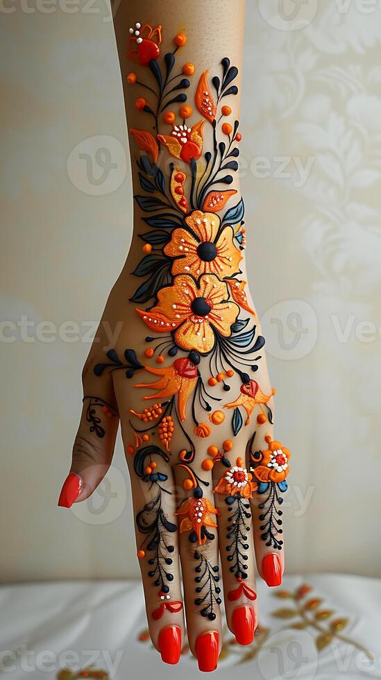 Mehendi design with fire and phoenix motifs for a dramatic look presented on white paper for transparent printing photo