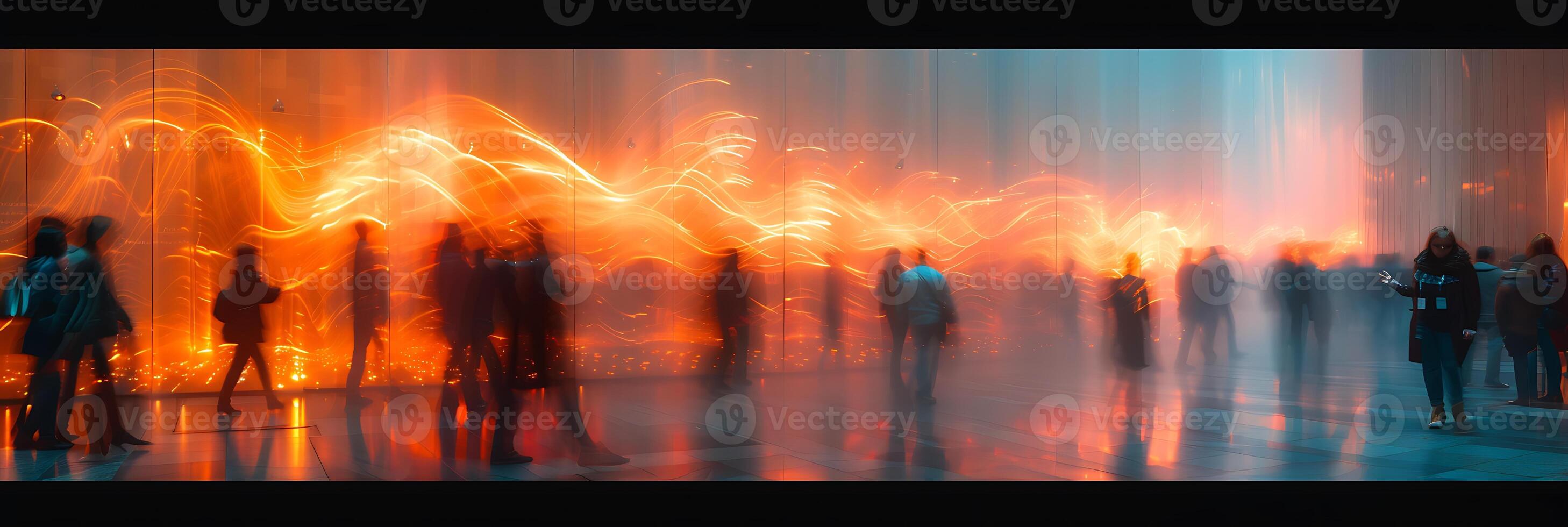 Mesmerizing long exposure image of a team of language translators working in a bustling conference with gestures and conversations frozen in time photo
