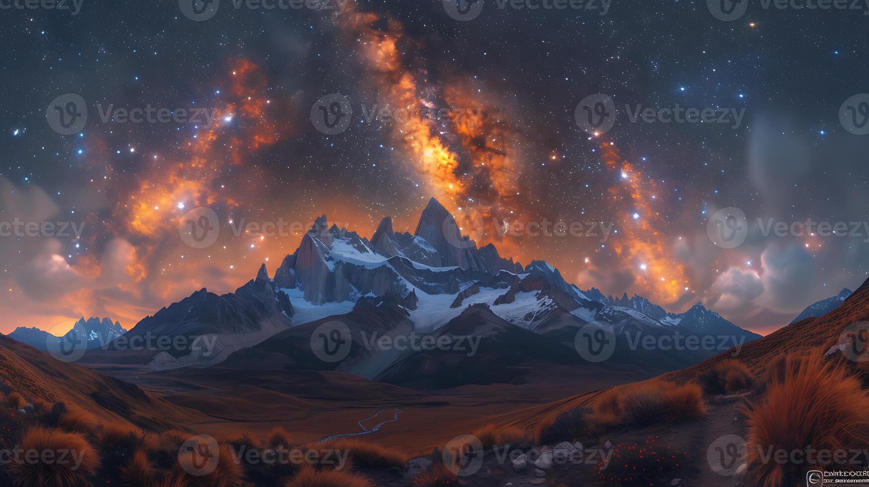 Mesmerizing scene using long exposure photography to showcase the night sky above the Andean mountains with Viracocha constellation subtly visible amidst the stars photo