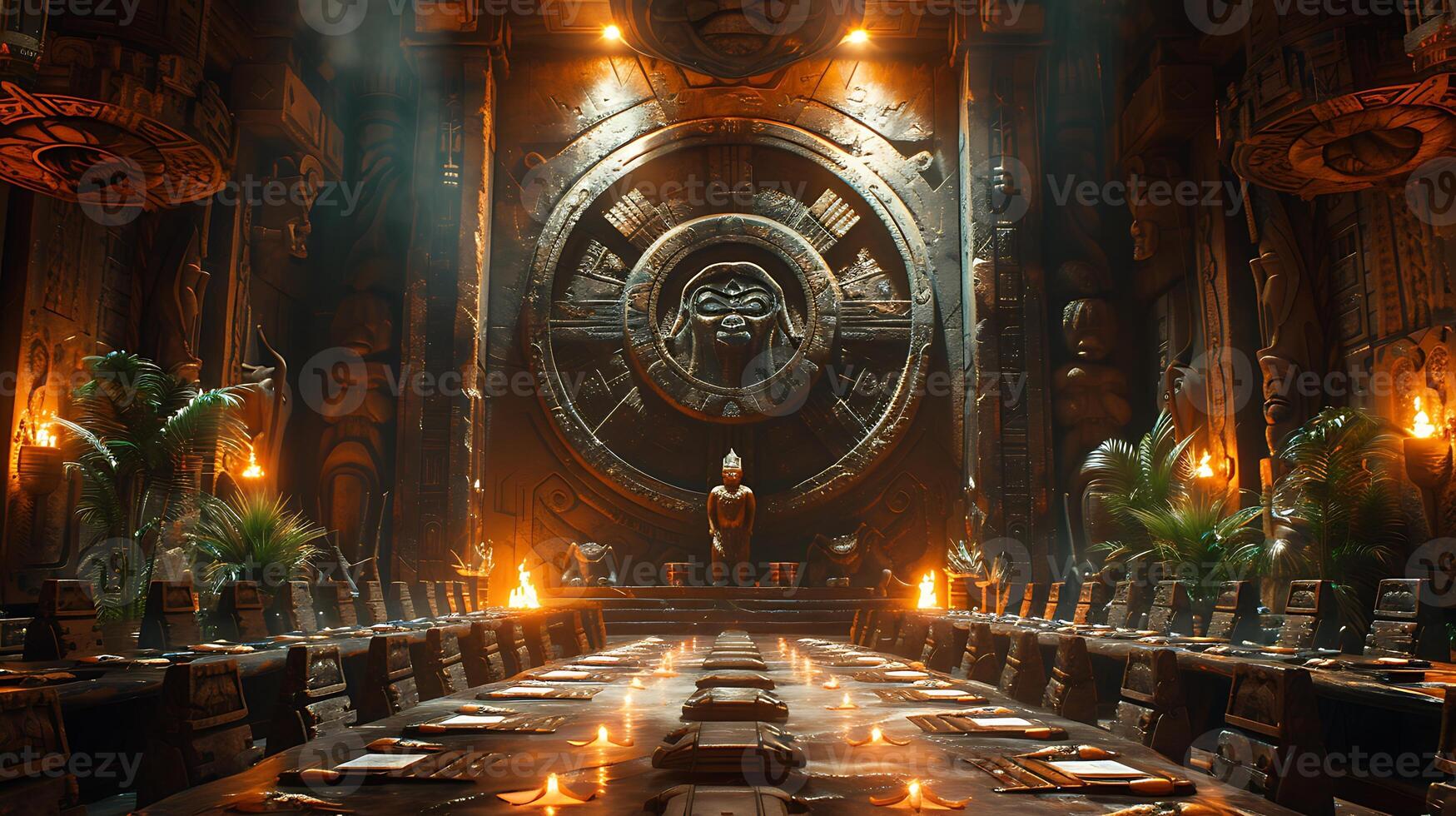Stunning photograph of the great ape council chambers utilizing architectural photography techniques to highlight the intricate design of the meeting space and the presence of tribal elders photo
