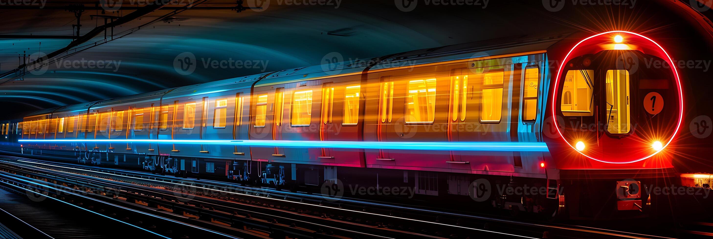 Surreal long exposure image of a train speeding through a tunnel with streaks of light trailing behind it photo