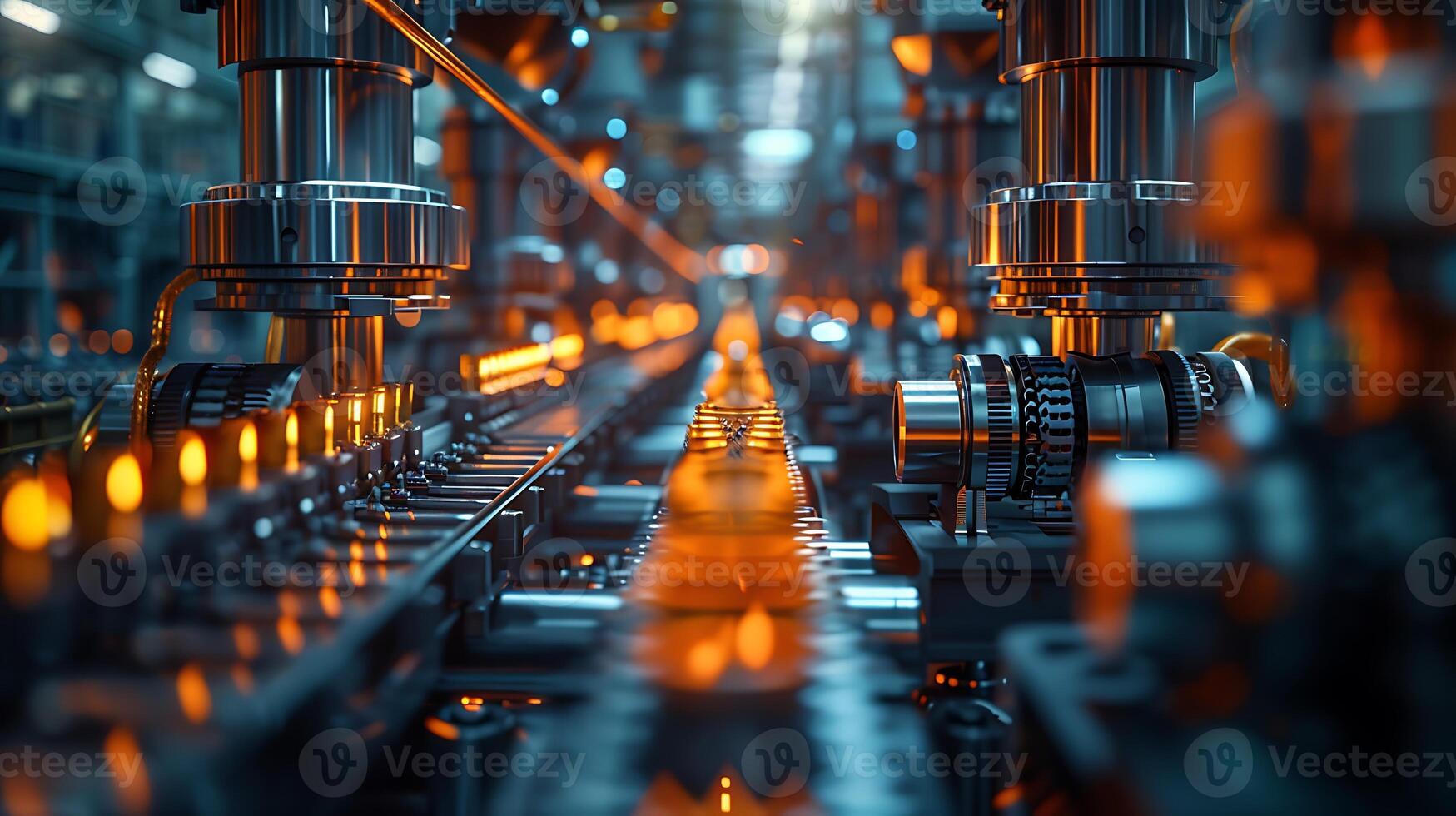 Abstract long exposure image of mechanical engineers working in a factory with machinery in motion creating intricate patterns of light photo