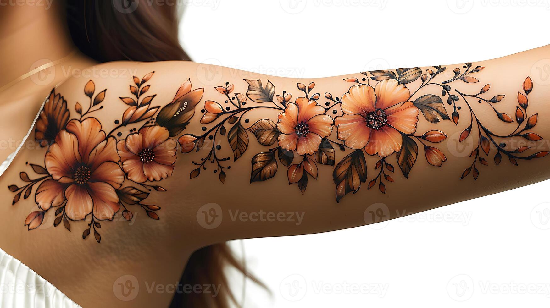 Wrist to elbow mehendi design featuring delicate flowers and vines on a white background for transparent printing The design should wrap elegantly around the arm photo