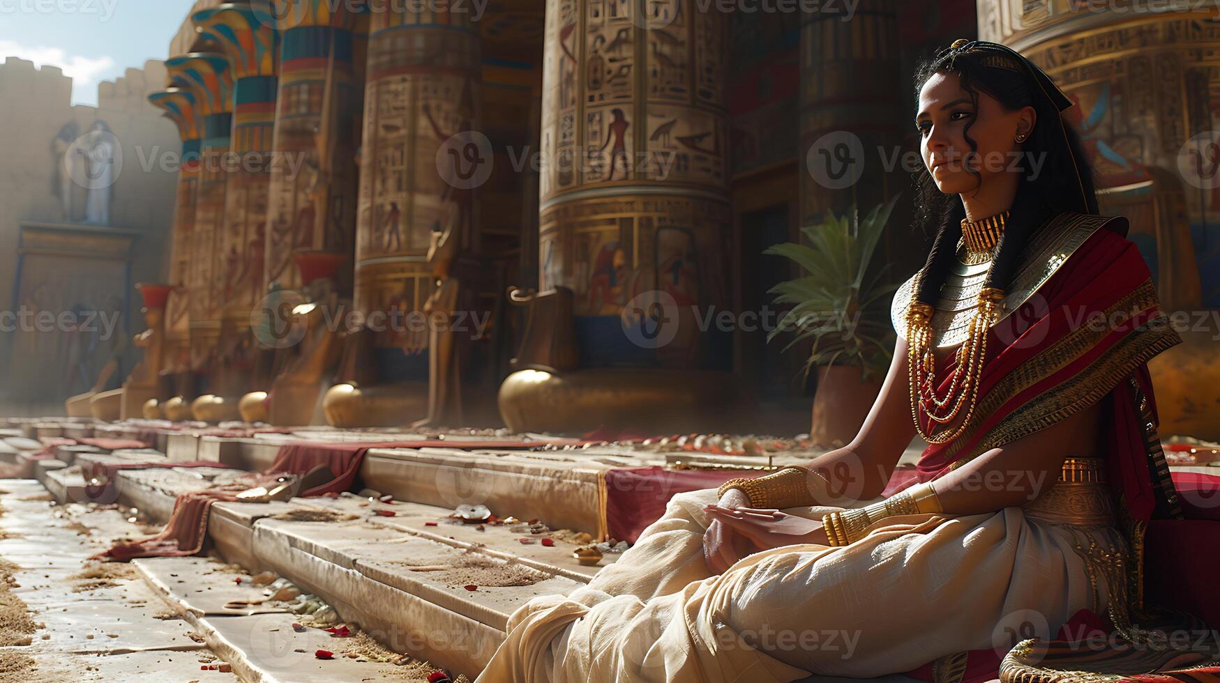 Hatshepsut Create authentic casual image portraying Hatshepsut one of few female pharaoh of ancient Egypt scene capturing her rule during 18th dynasty perhaps engaging trade negotiation or overseeing photo