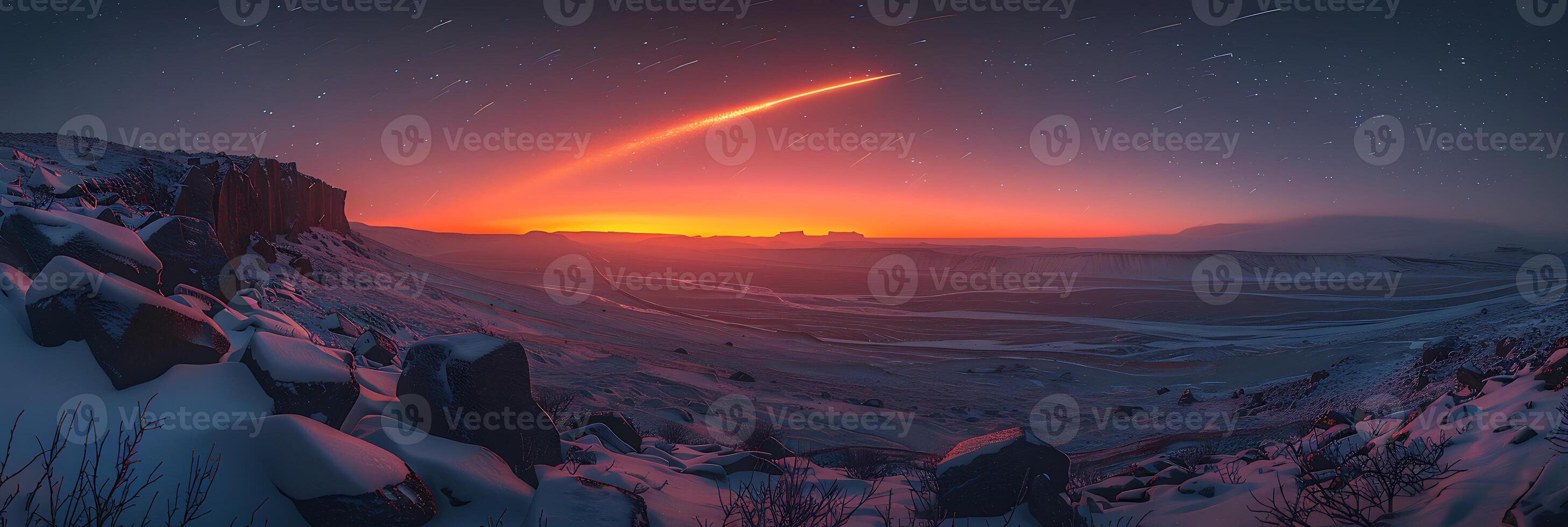 Highlight celestial drama of a meteorite streaking through the twilight sky over the volcanic landscapes of Iceland with fiery reds and smoky greys accentuating the otherworldly scene photo