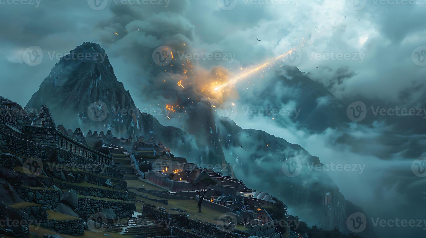 Highlight surrealism of meteorite slicing through foggy twilight sky above ancient ruins of Machu Picchu Peru with muted tones of grey and blue lending an air of mystery to the celestial occurrence photo