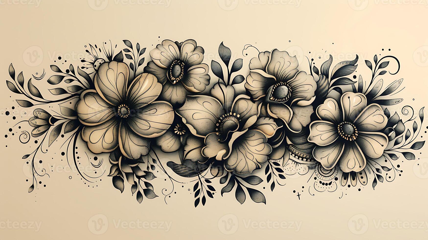 Mehendi design with a mix of floral and paisley patterns detailed for armlength coverage Ensure clarity and precision on a white background for easy printing and application photo