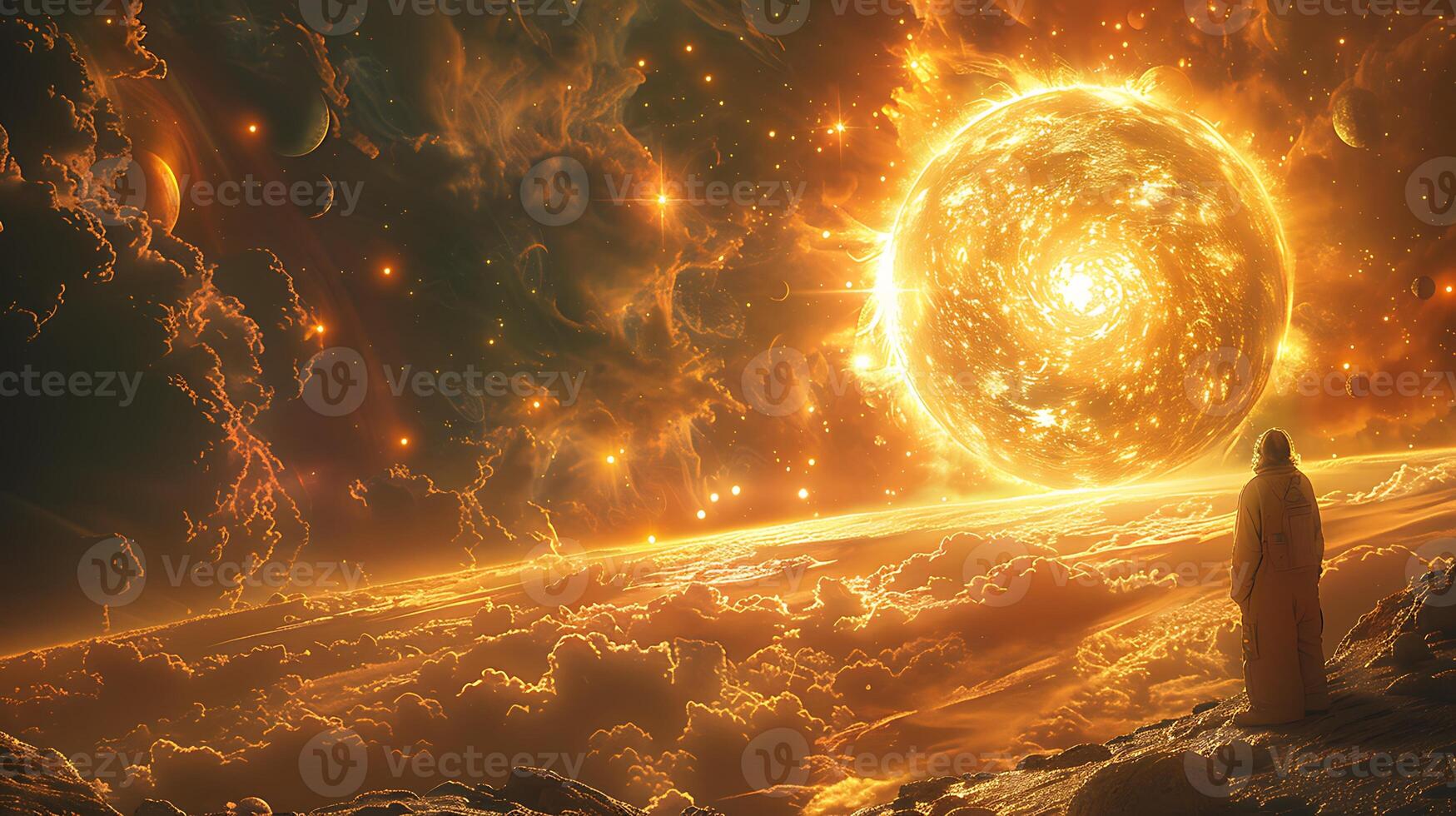 Cosmic ballet of celestial body where planet moon asteroid orbit distant star their movement choreographed against backdrop of colorful nebula space station orbiting one of moon serving hub photo