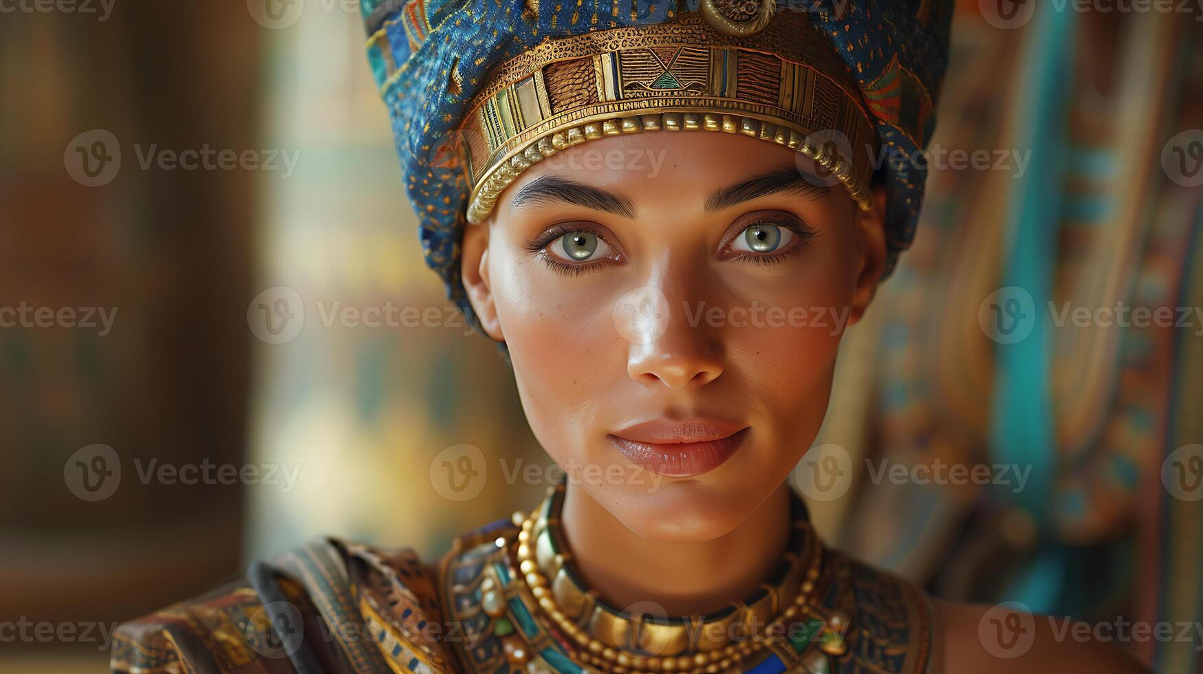 Nefertiti Generate realistic casual image depicting Nefertiti Great Royal Wife of Akhenaten in a moment of regal grace and beauty perhaps overseeing palace affairs or engaging in cultural activities photo