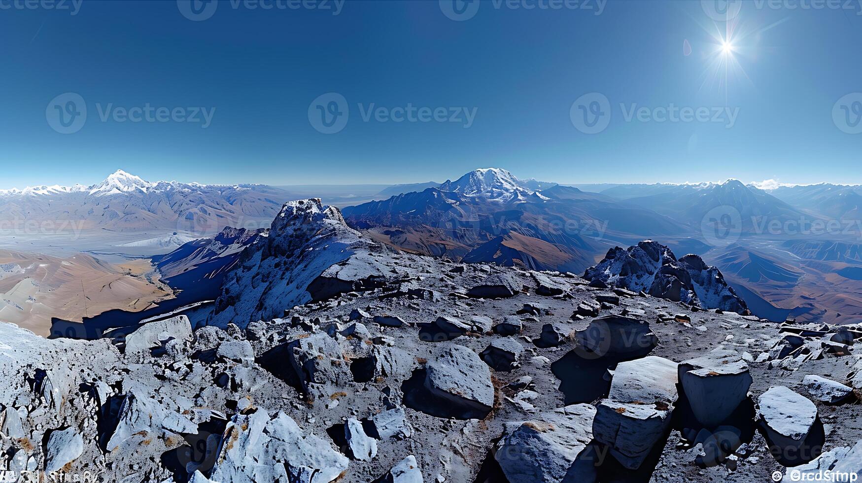 Produce photograph showcasing breathtaking views summit of Mount Ausangate precision of panoramic stitching software allowing viewers immerse themselves in the expansive beauty of the Andean highlands photo