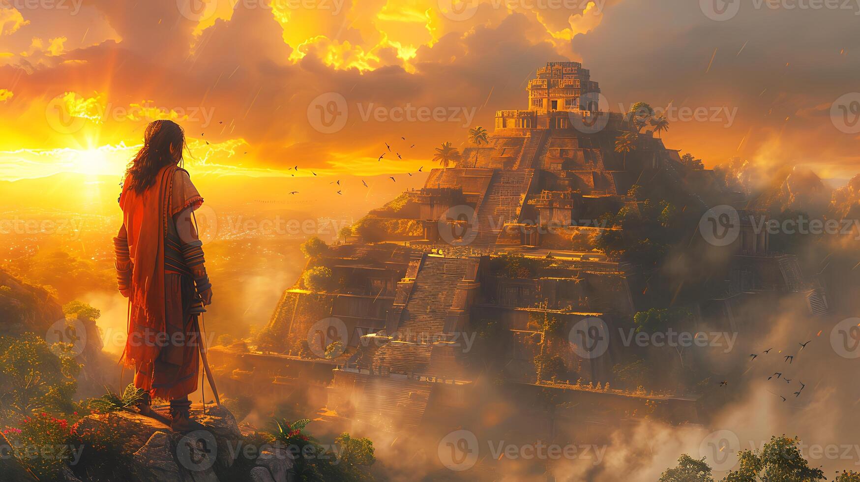 Produce stunning image capturing the golden hour sunlight casting a warm glow over the ruins of an ancient Inca temple with intricate details illuminated by advanced HDR techniques photo