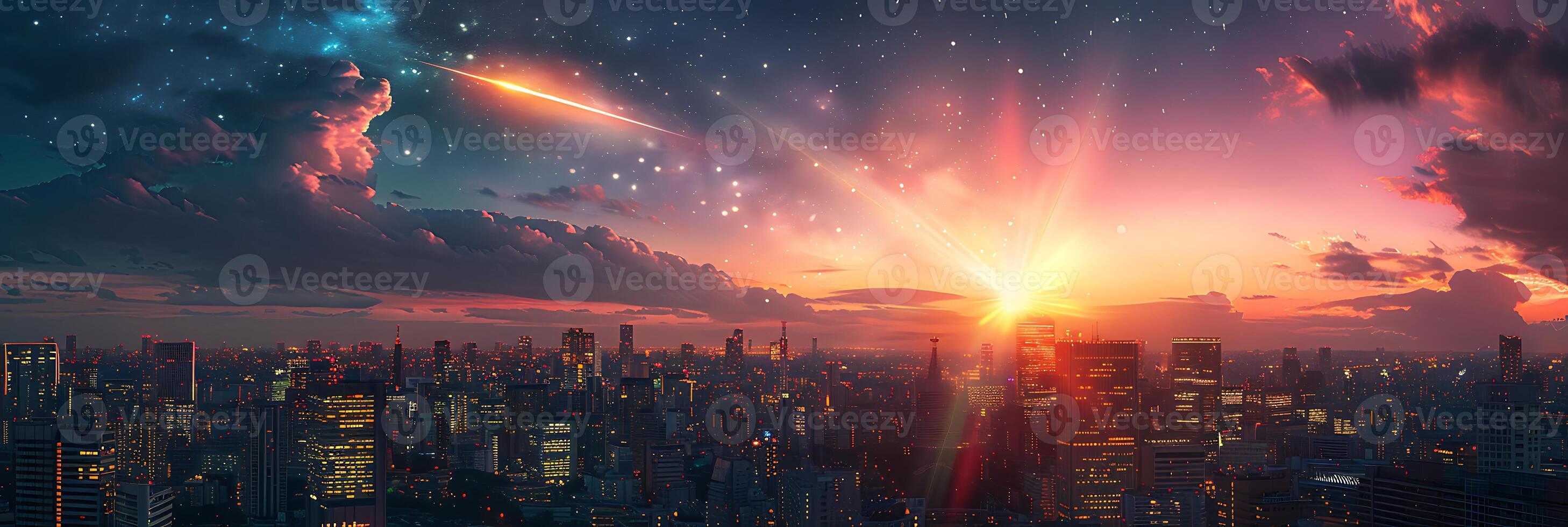 Showcase cosmic spectacle of a meteorite streaking through the vibrant city lights of Tokyo Japan with neon hues of pink blue and green adding a futuristic twist to the celestial event photo