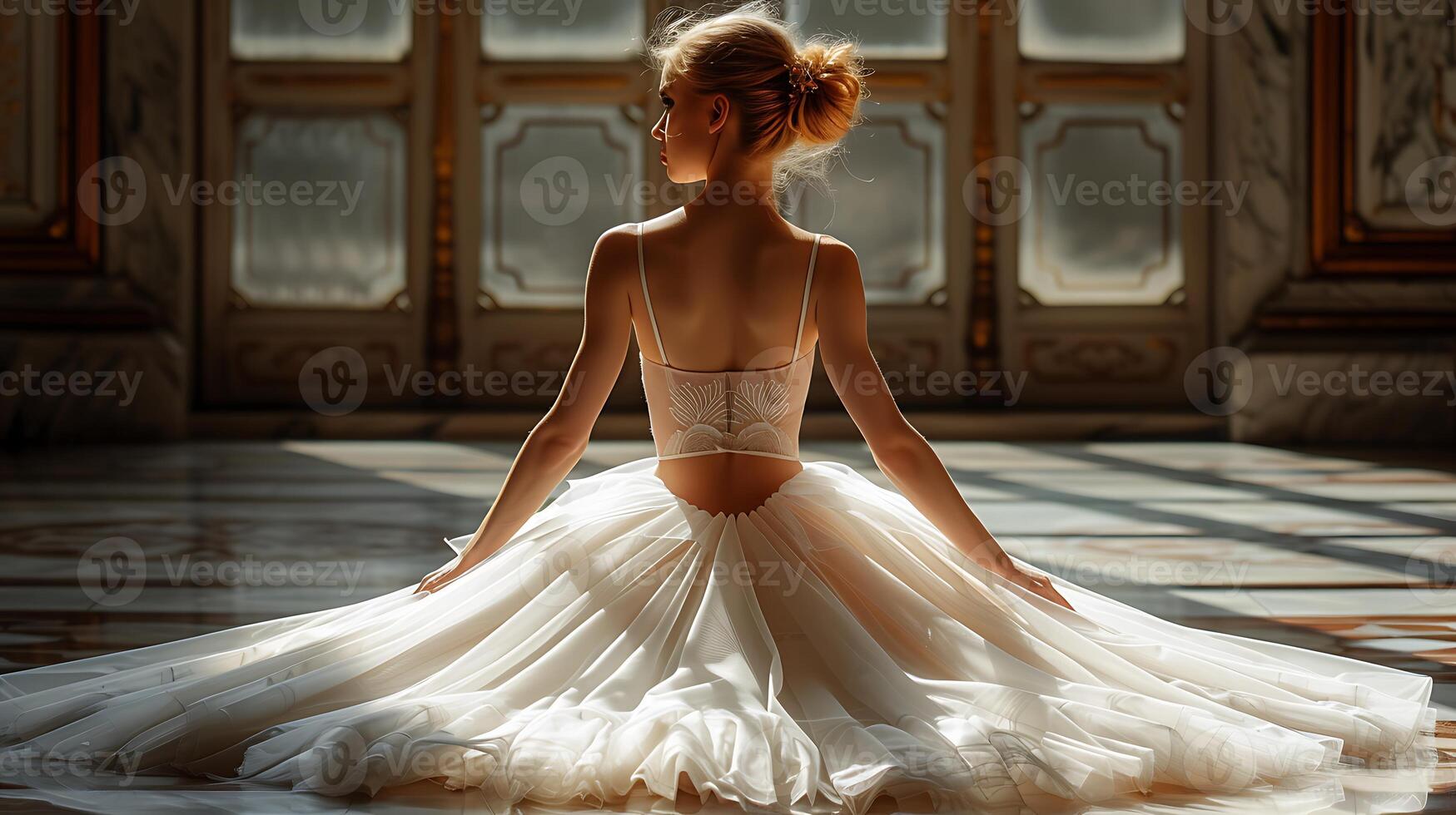 Showcase elegance of a ballerina practicing her routine in a dimly lit studio with graceful movements accentuated by shadows using low light techniques photo