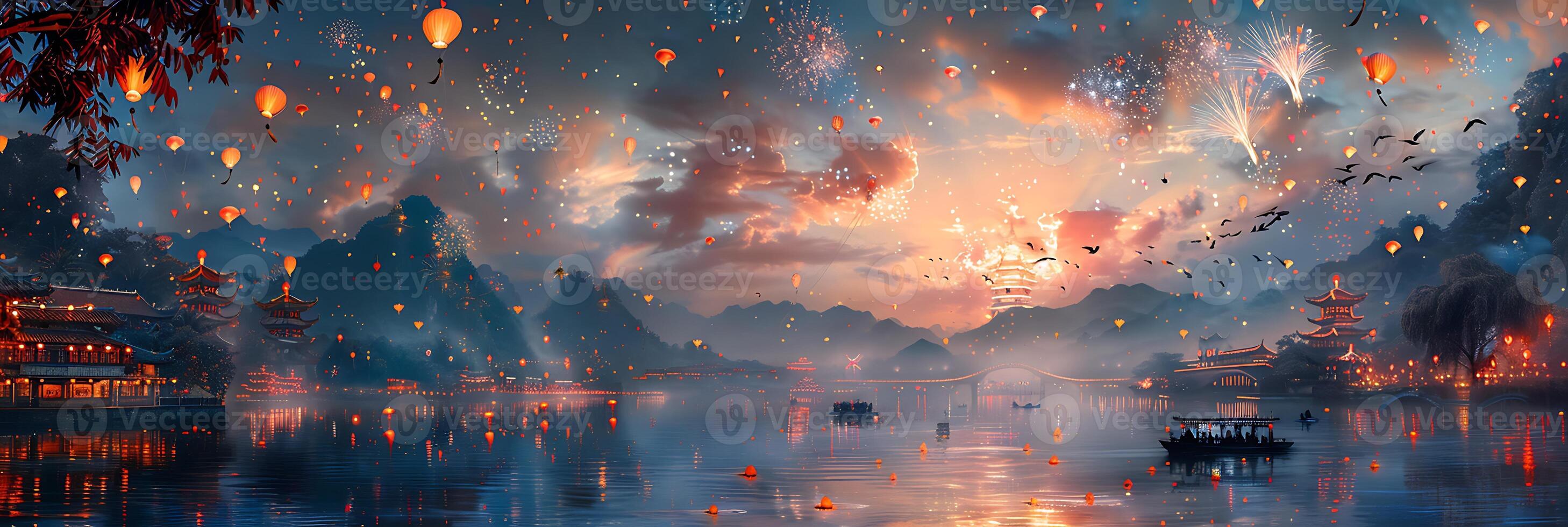 Showcase intricate patterns of lanterns and fireworks at the Pingxi Sky Lantern Festival in Taiwan as witnessed from the sharpeyed view of an eagle gliding gracefully above the glowing landscape photo