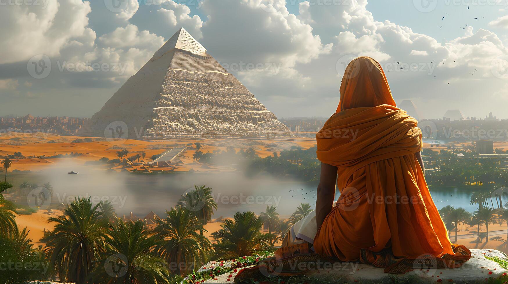 Sneferu Create natural casual image portraying Sneferu the prolific builder in a moment of reflection or leisure amid the grandeur of his pyramid construction projects photo