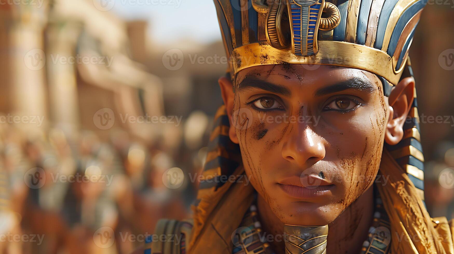 Tutankhamun King Tut Generate realistic casual image depicting King Tut in everyday attire perhaps exploring the royal chambers of his palace photo