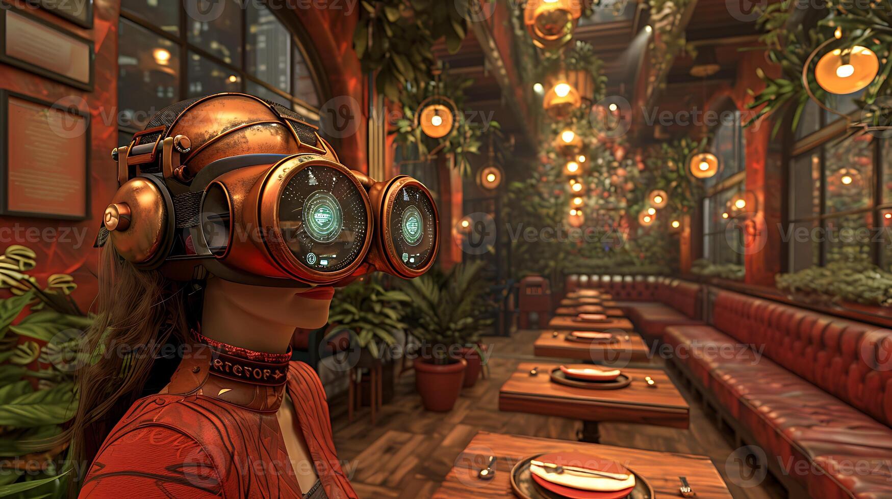 Virtual Reality Caf Concept AI Image Design AIgenerated image presenting virtual reality caf concept Incorporate cozy seating arrangement interactive menu display virtual entertainment option photo