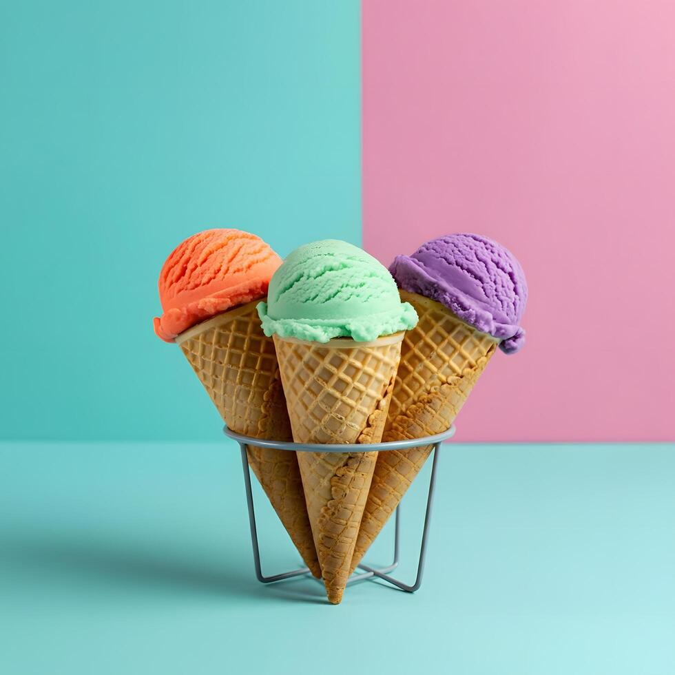 Vibrant Ice Cream Scoops in a Cone Holder on a Colorful Background photo