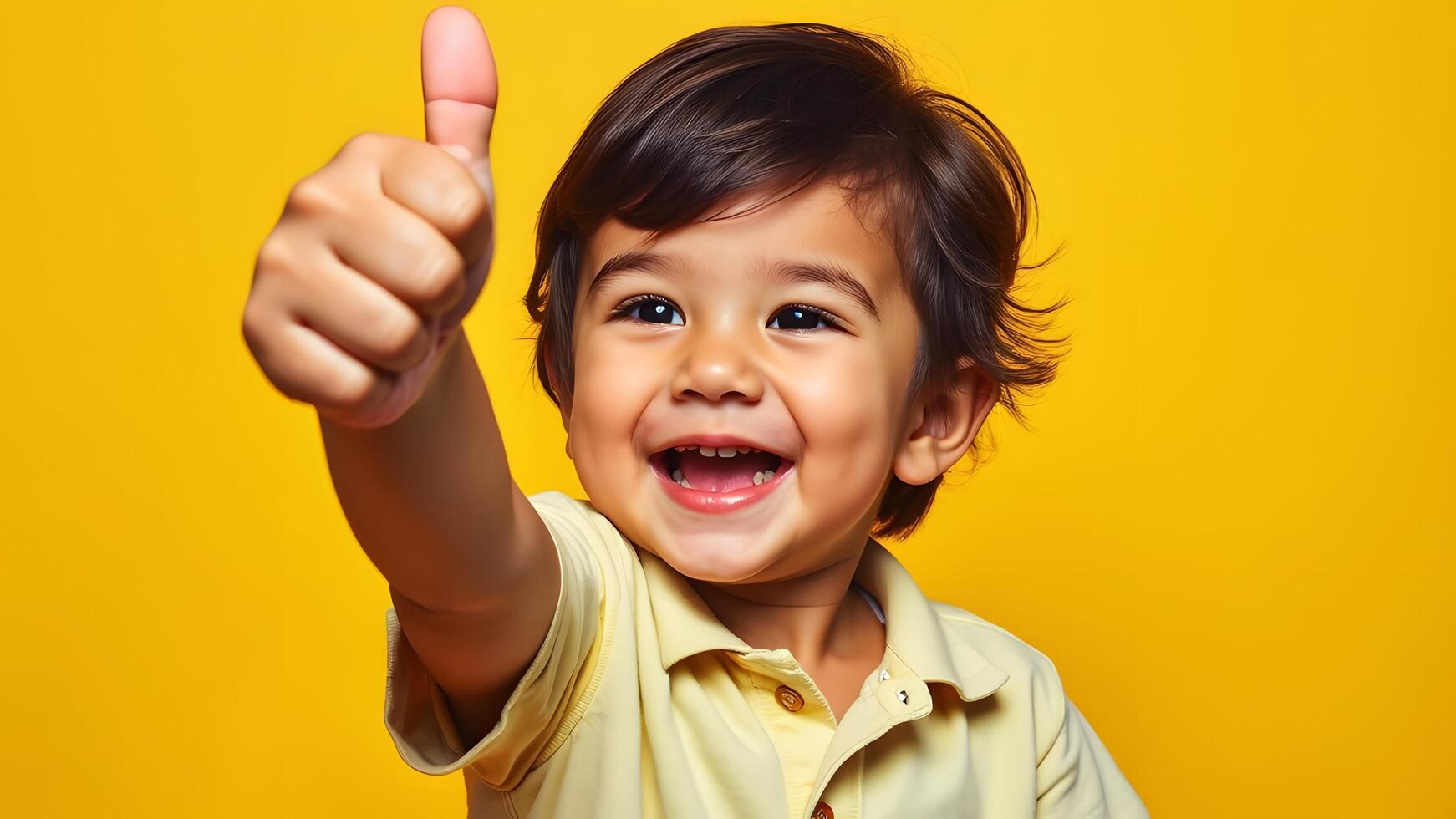 Cheerful Young Boy Giving Thumbs Up on Yellow Background photo