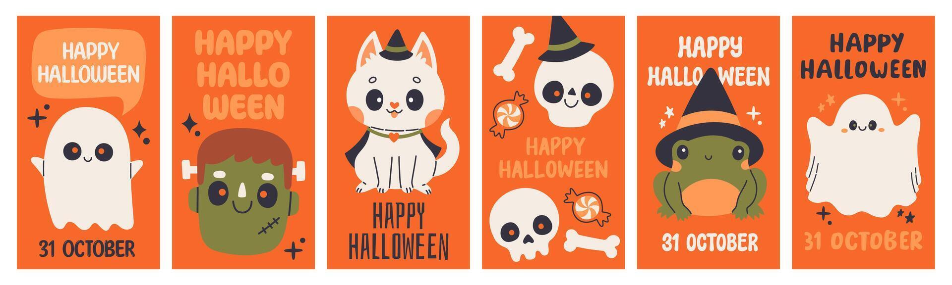 Halloween banners with cartoon characters and words vector