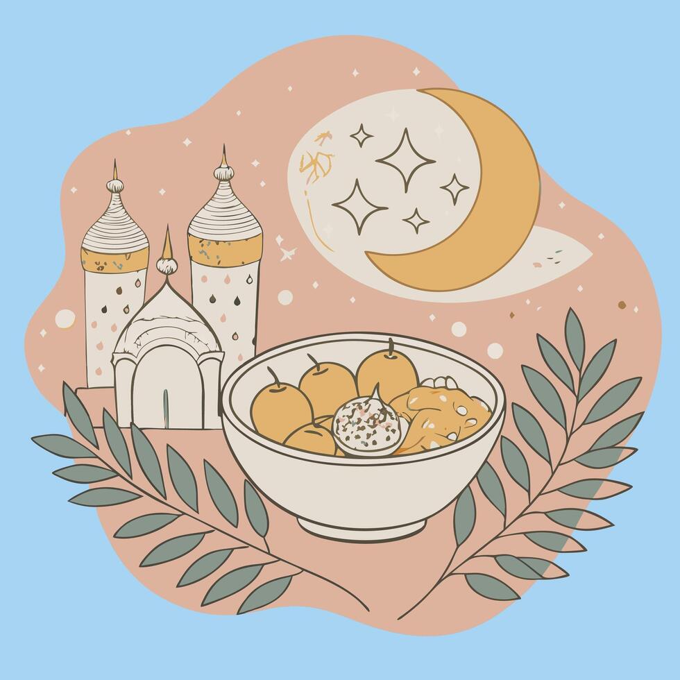 An illustration of a bowl of fruit and a moon vector