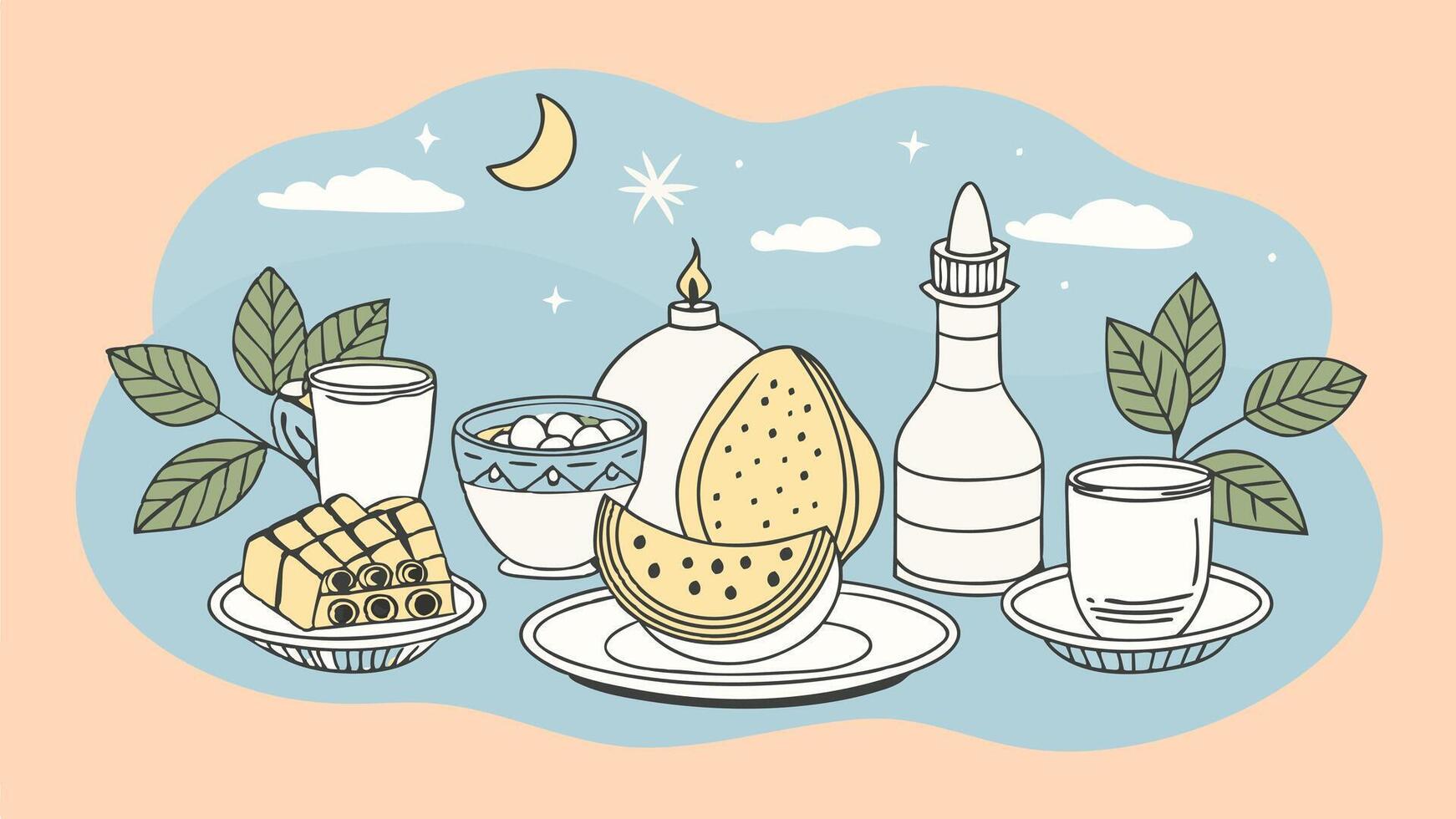 Islamic food and drink with moon and stars vector