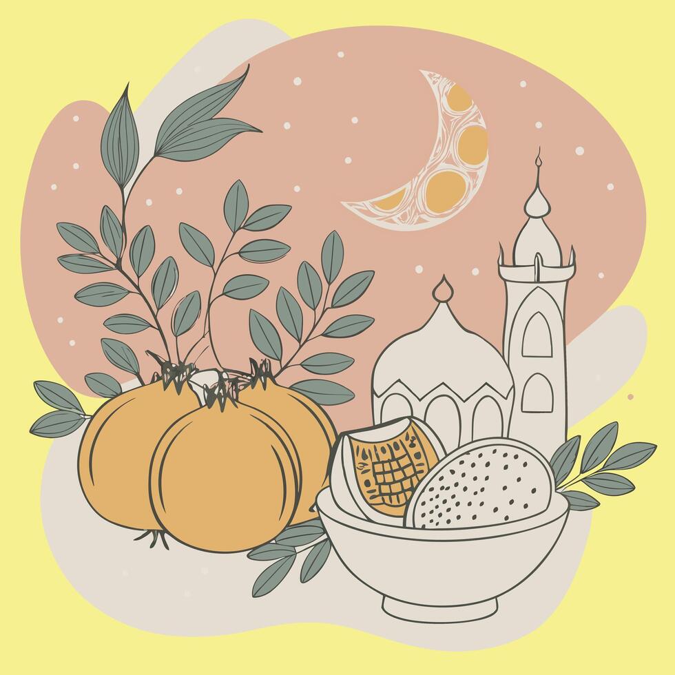 Islamic ramadan greeting card with pomegranate, mosque and moon vector