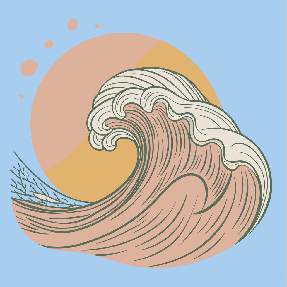 An illustration of a wave with a sun in the background vector