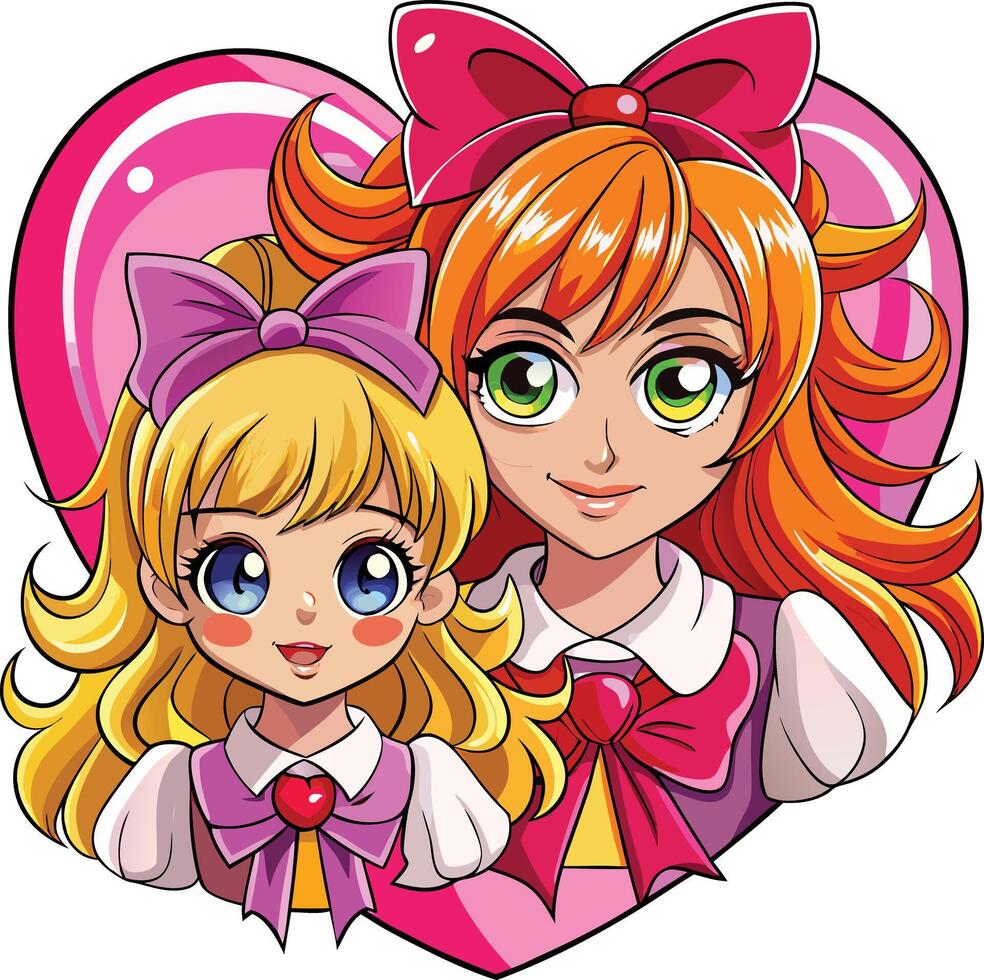 Two cartoon girls with big hearts and bows vector