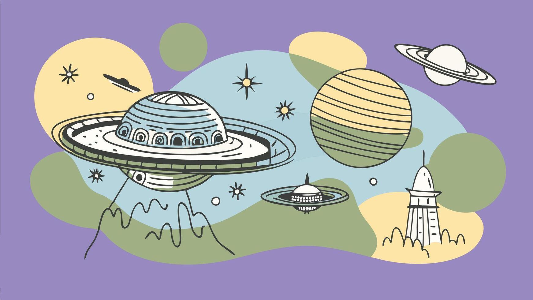 An illustration of a space ship and planets vector