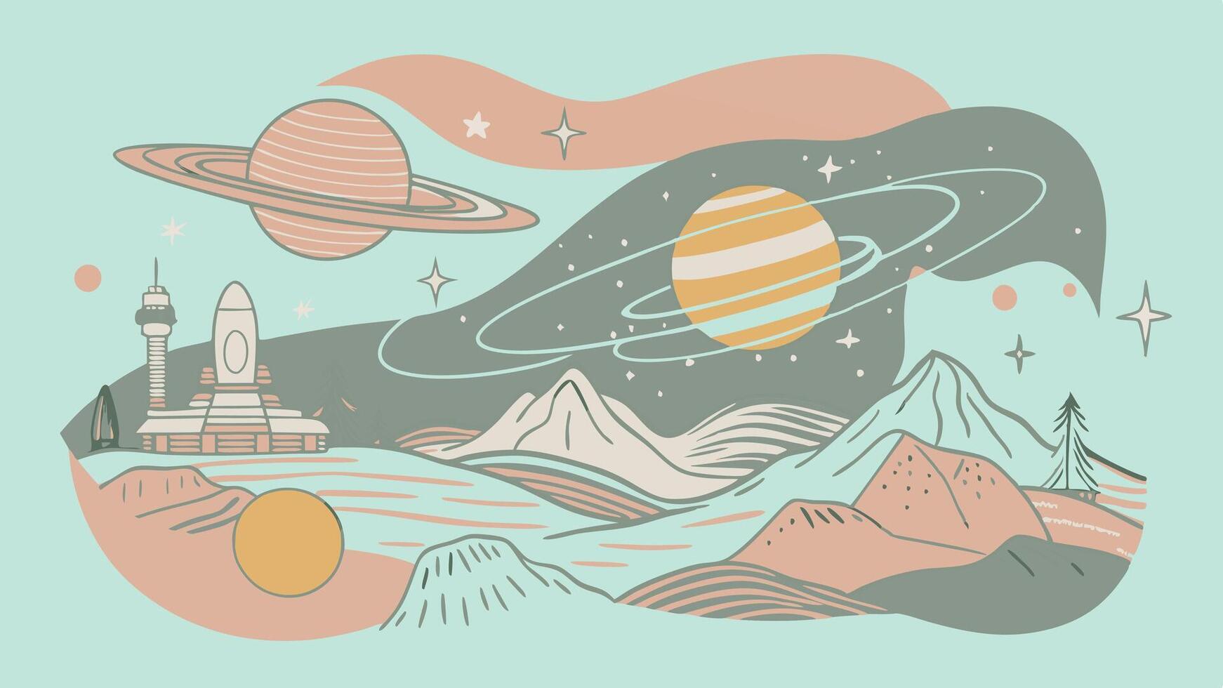An illustration of planets and mountains vector