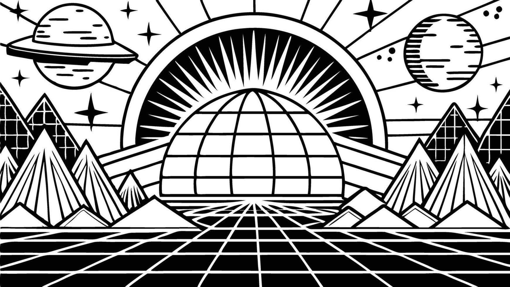 A black and white drawing of a futuristic space station vector