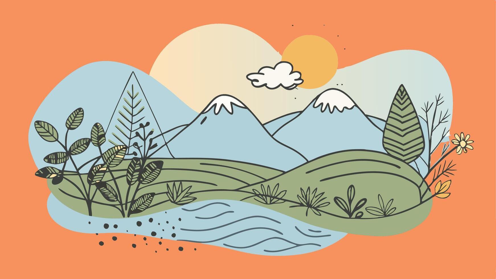 A cartoon illustration of mountains and trees vector