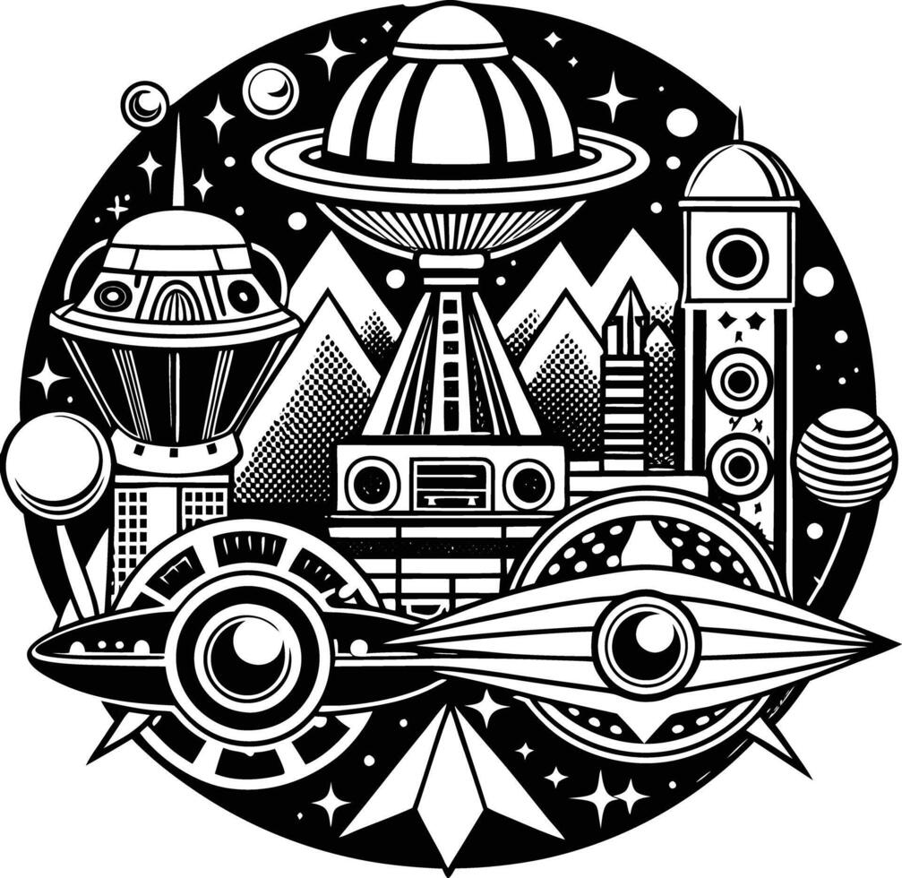 An illustration of a spaceship and other objects vector