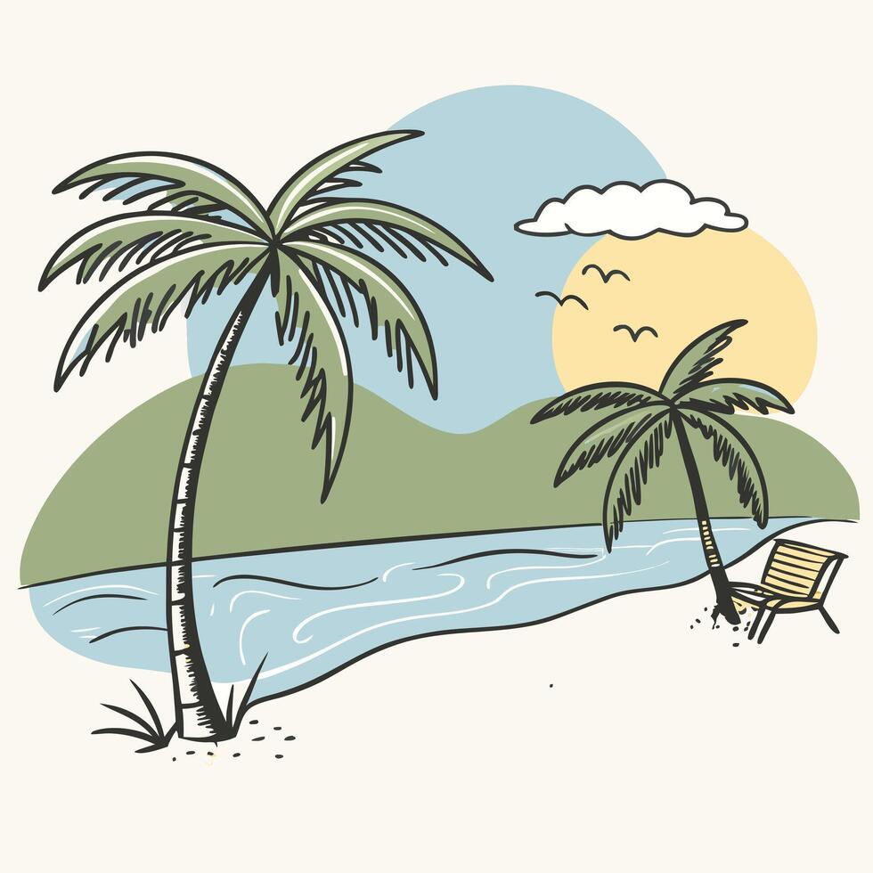 A cartoon drawing of palm trees and a beach vector
