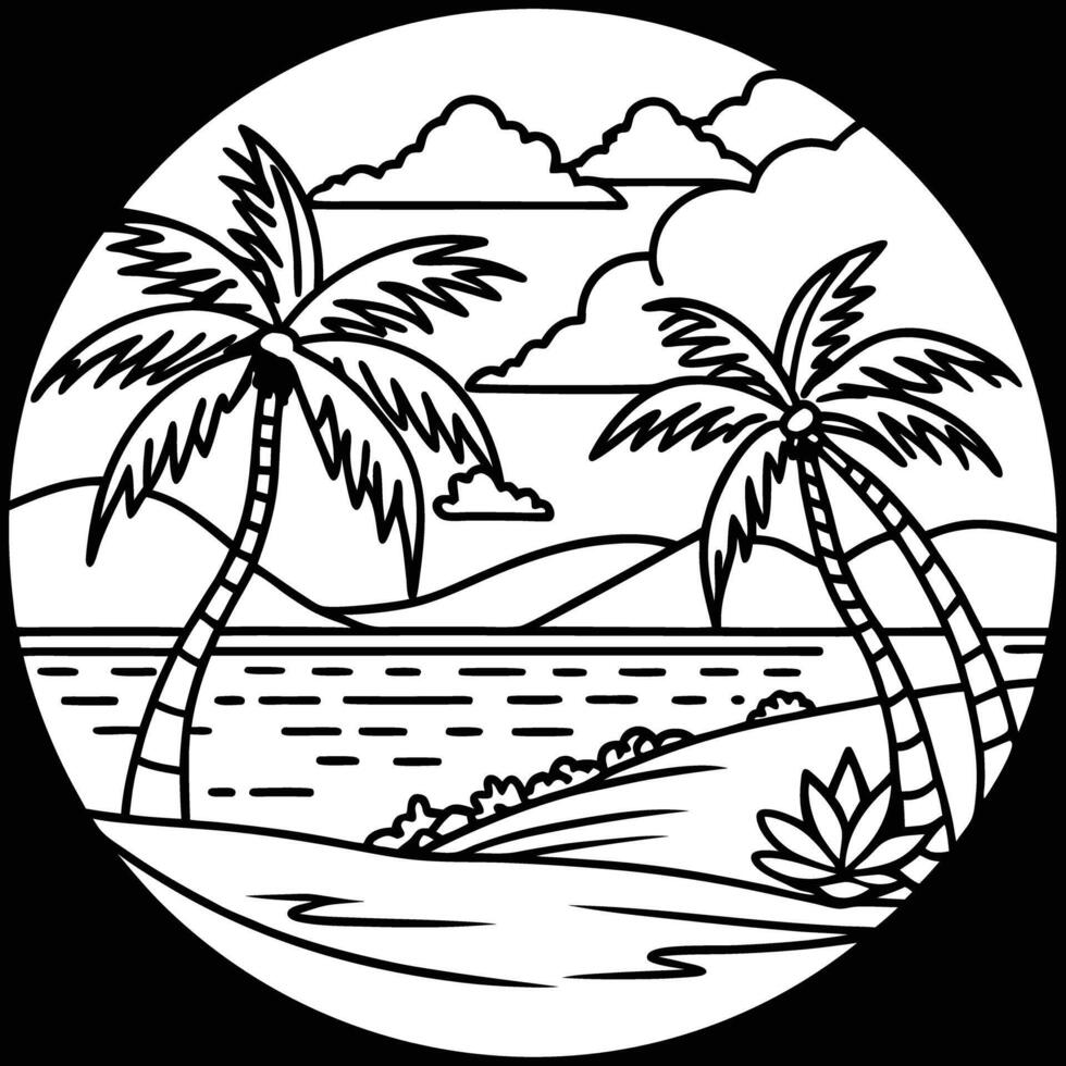 Palm trees and the ocean in a circle coloring page vector