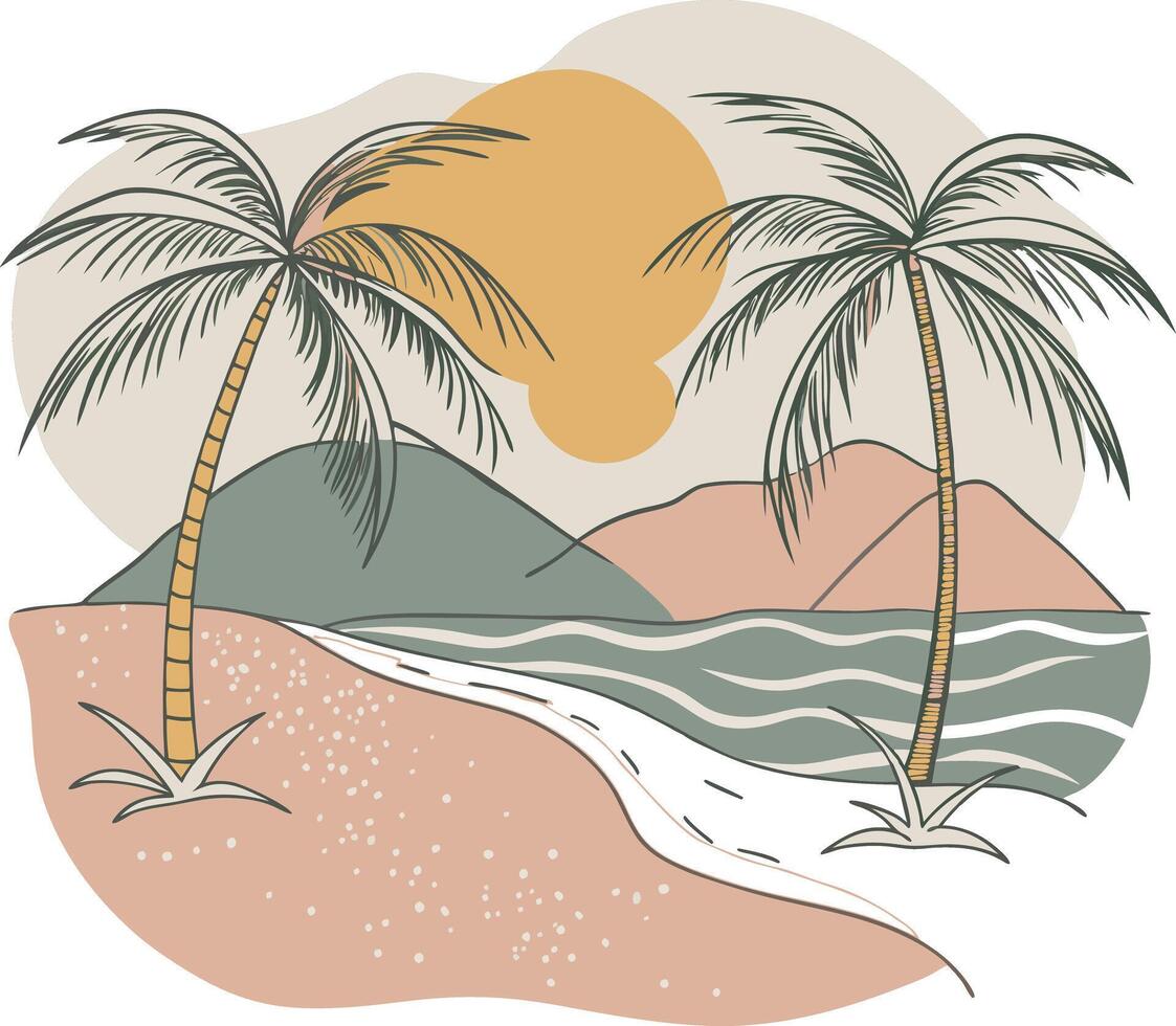 Tropical beach with palm trees and mountains vector